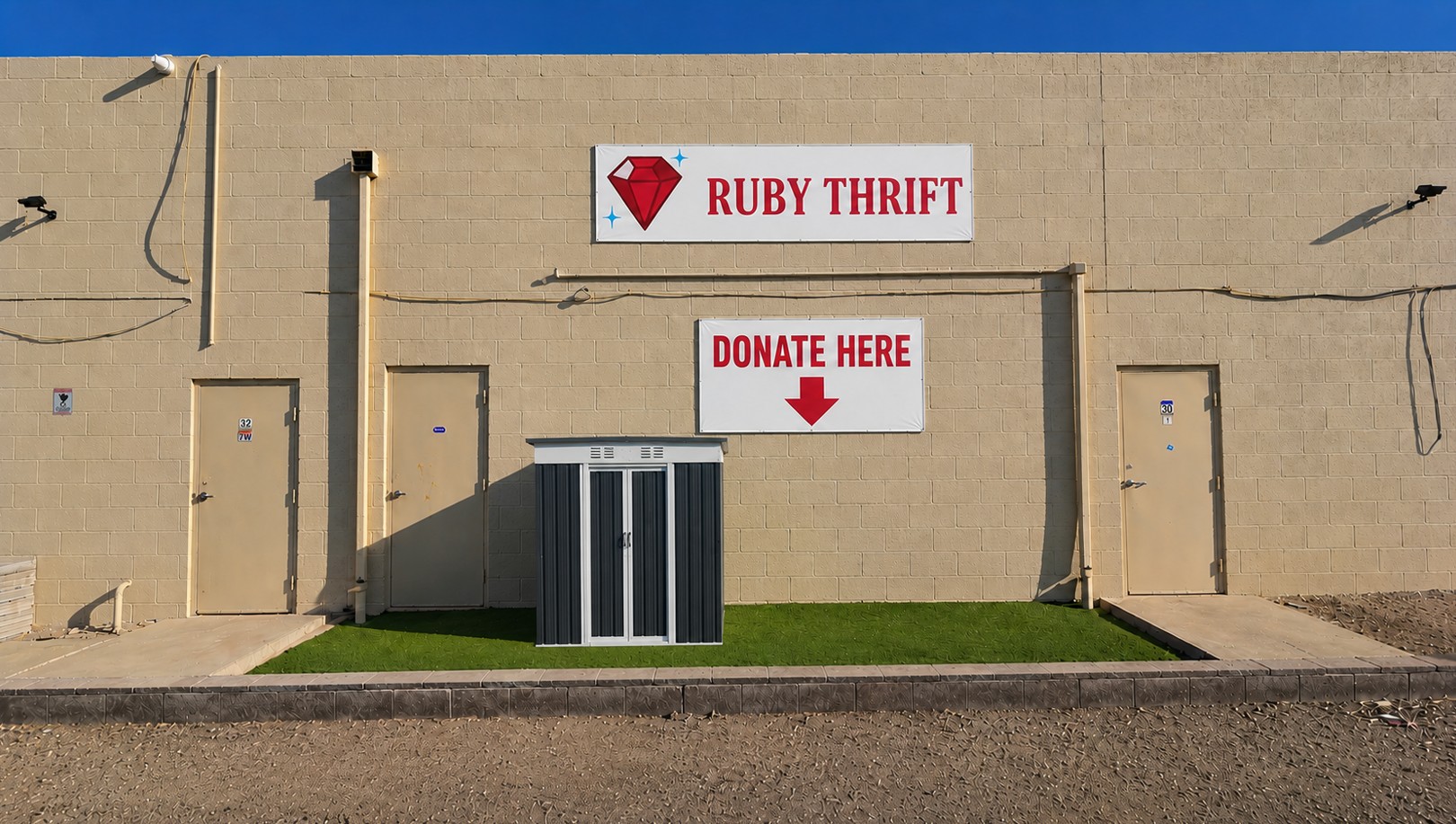 Ruby Thrift donation drop-off area with large donation signage